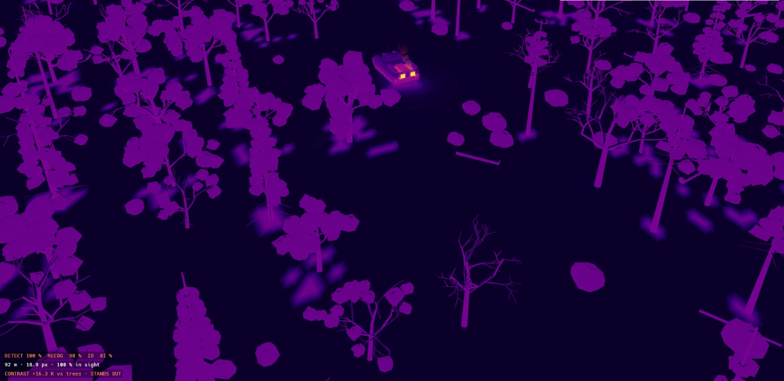 Actual EMBER thermal simulation screenshot: a tracked engineering vehicle among trees in a snow-covered forest, shown in purple and orange thermal colours